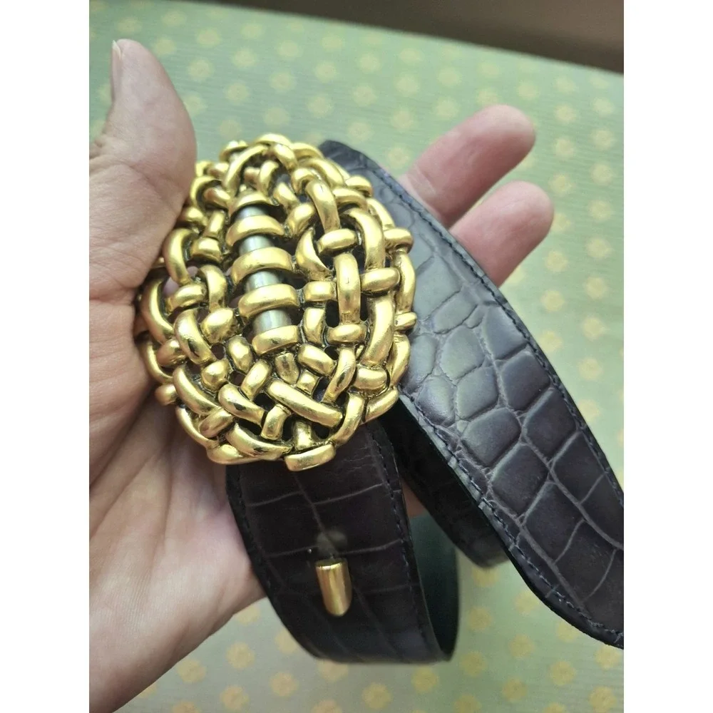 90s Vtg Carlisle Womens Belt Black Croc Embossed Leather Gold Statement Buckle M